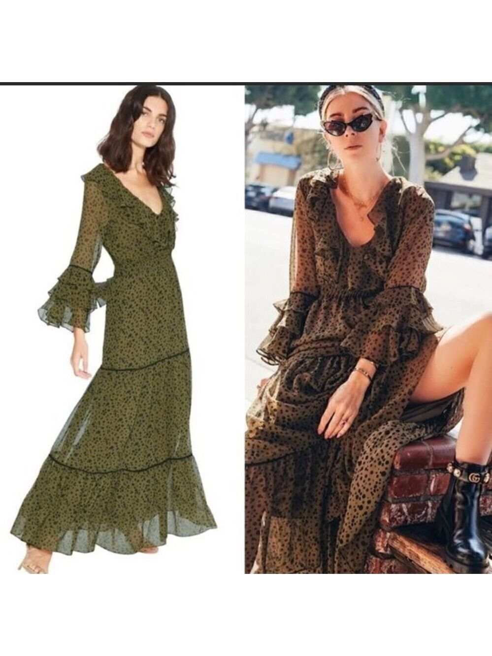 Misa LosAngeles Dress chiffon Green Dot Ruffle whimsigoth fairy festival boho XS